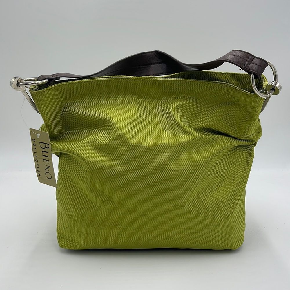 NWT Green  Bueno nylon shoulder bag with brown shoulder strap & silver hardware
